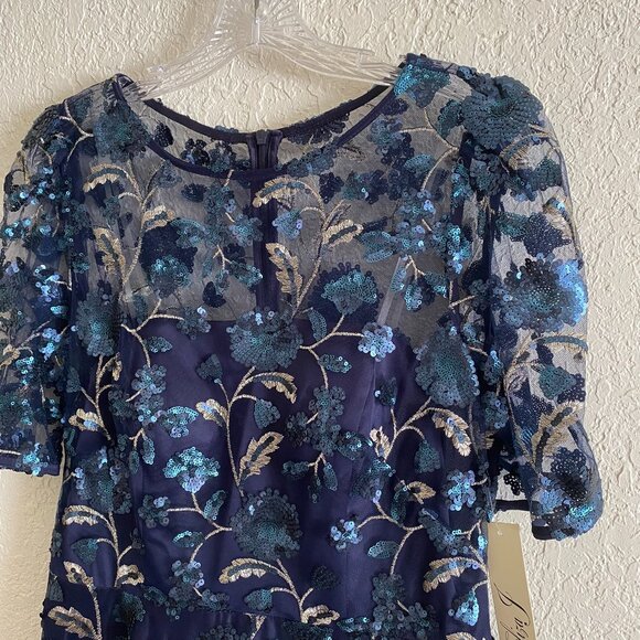 New Eliza J Dress 10 Navy Sequin Floral Embroidery Illusion Fit & Flare Midi NWT - Picture 3 of 14